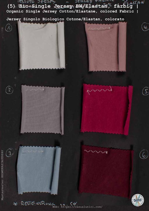 (05) Bio-Single Jersey BW/Elastan, farbig Stoffe Musterkarte | Organic Single Jersey Cotton/Elastane, colored Fabric sample card | Jersey Singolo Biologico Cotone/Elastan, colorato Scheda campione tessuto - 
