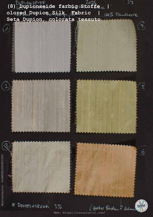 (08) Dupionseide, farbig Stoffe Musterkarte | Colored Dupion Silk Fabric sample card | Seta Dupion, colorata Scheda campione tessuto - 